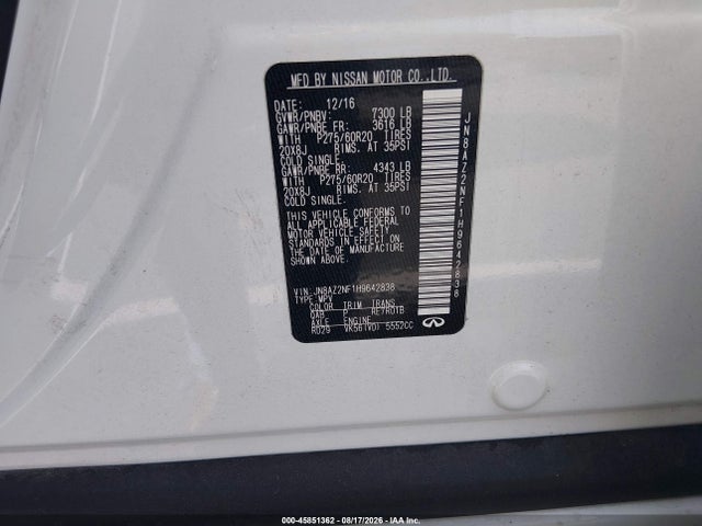 Продажа на аукционе авто 2017 Infiniti Qx80, vin: JN8AZ2NF1H9642838, номер лота: 45851362