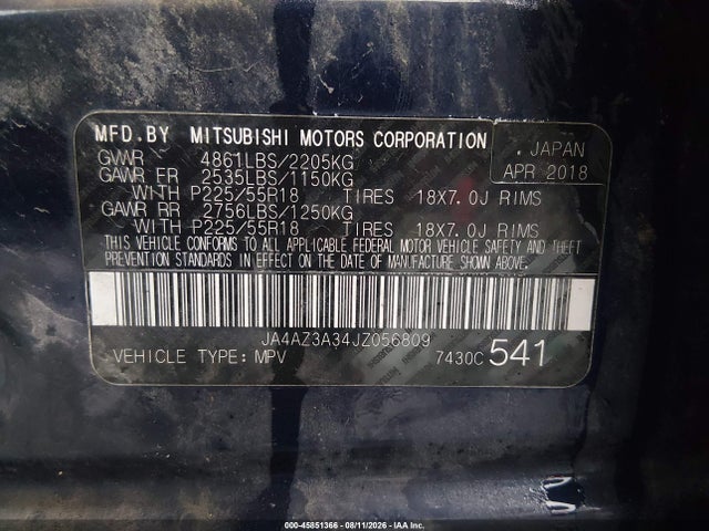 Продаж на аукціоні авто 2018 Mitsubishi Outlander Es/le/se/sel, vin: JA4AZ3A34JZ056809, номер лоту: 45851366