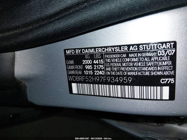 Aukcja sprzedaży 2007 Mercedes-benz C 230 Sport, vin: WDBRF52H97F934959, numer aukcji: 45851367