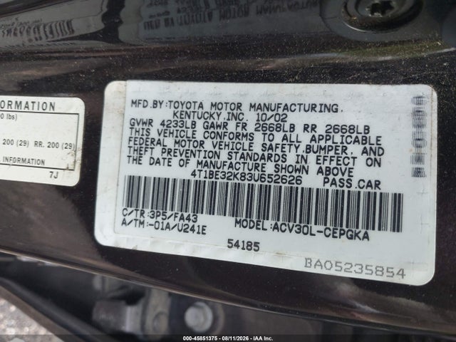 2003 Toyota Camry Xle მანქანა იყიდება აუქციონზე, vin: 4T1BE32K83U652626, აუქციონის ნომერი: 45851375