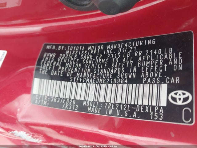 5YFEPMAE0MP210984 Toyota COROLLA LE
