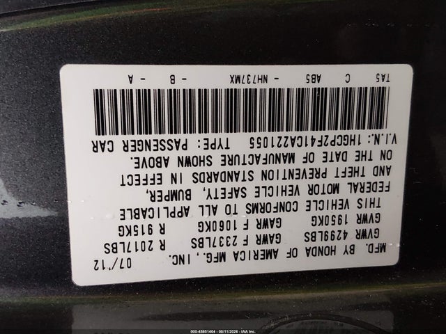 Продажа на аукционе авто 2012 Honda Accord 2.4 Lx-p, vin: 1HGCP2F41CA221055, номер лота: 45851404