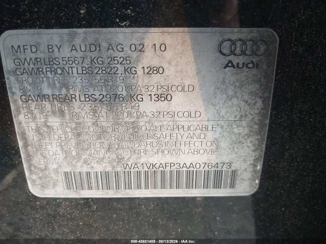 45851408 :رقم المزاد ، WA1VKAFP3AA076473 vin ، 2010 Audi Q5 3.2 Premium مزاد بيع