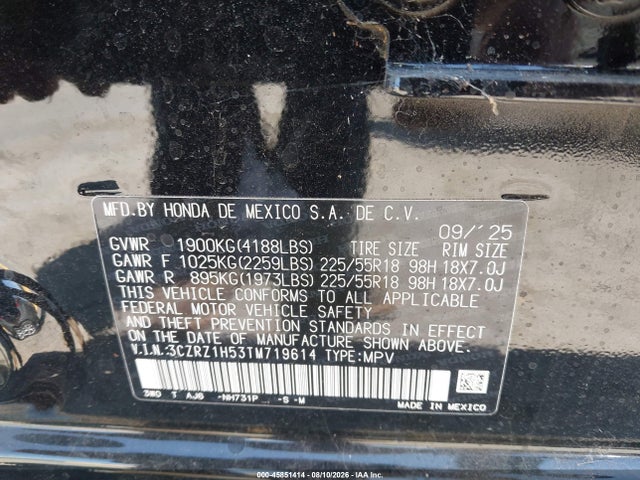 45851414 :رقم المزاد ، 3CZRZ1H53TM719614 vin ، 2026 Honda Hr-v 2wd Sport مزاد بيع