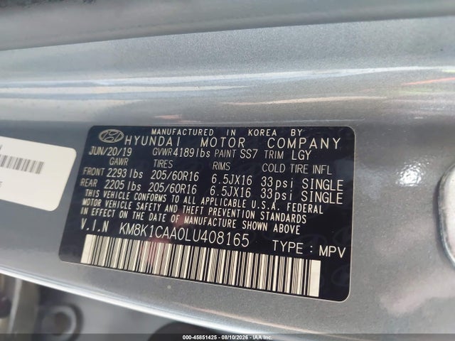 45851425 :رقم المزاد ، KM8K1CAA0LU408165 vin ، 2020 Hyundai Kona Se مزاد بيع