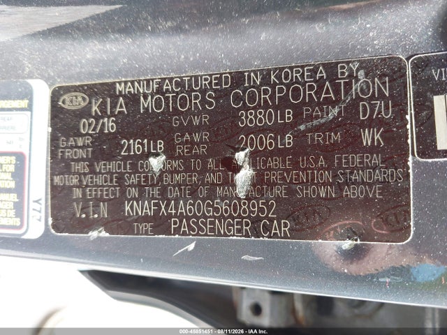KNAFX4A60G5608952 KIA FORTE LX