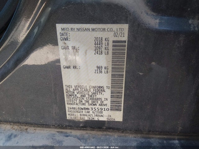 45851462 :رقم المزاد ، 1N4BL4DW8MN355910 vin ، 2021 Nissan Altima Sv Intelligent Awd مزاد بيع