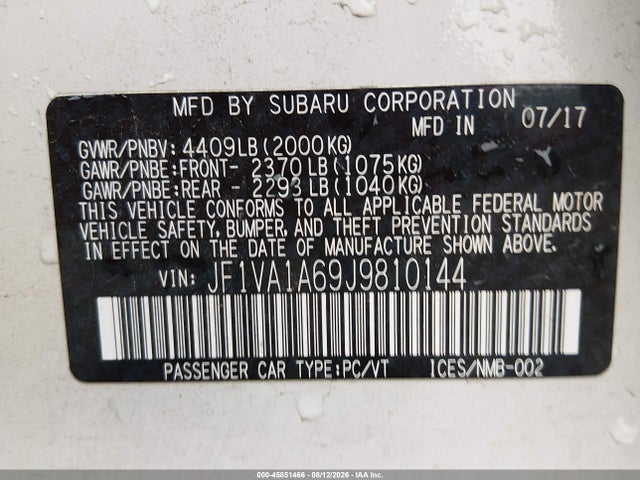Aukcja sprzedaży 2018 Subaru Wrx, vin: JF1VA1A69J9810144, numer aukcji: 45851466