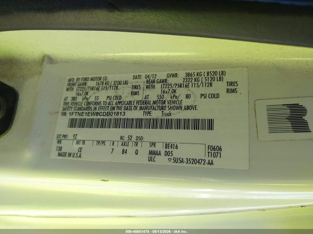 Продаж на аукціоні авто 2012 Ford E-150 Commercial, vin: 1FTNE1EW8CDB01813, номер лоту: 45851478