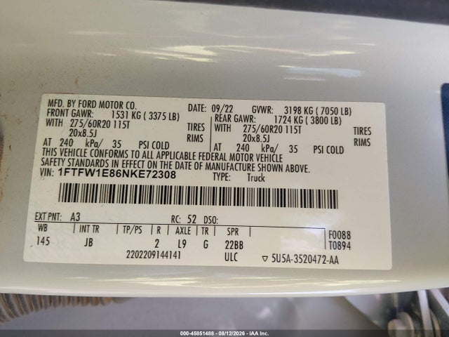 45851488 :رقم المزاد ، 1FTFW1E86NKE72308 vin ، 2022 Ford F-150 Xl مزاد بيع