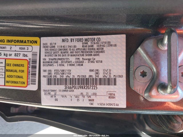 2019 Ford Fusion Hybrid Se მანქანა იყიდება აუქციონზე, vin: 3FA6P0LU9KR207225, აუქციონის ნომერი: 45851494