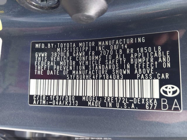 2015 Toyota Corolla S Plus მანქანა იყიდება აუქციონზე, vin: 5YFBURHE4FP184083, აუქციონის ნომერი: 45851500