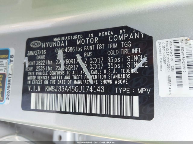 Aukcja sprzedaży 2016 Hyundai Tucson Se, vin: KM8J33A45GU174143, numer aukcji: 45851502