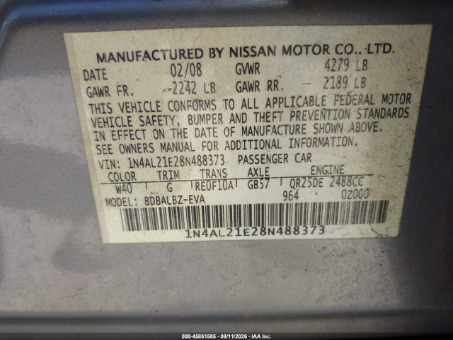 Продажа на аукционе авто 2008 Nissan Altima 2.5 S, vin: 1N4AL21E28N488373, номер лота: 45851505