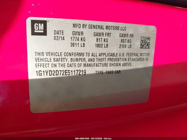 Aukcja sprzedaży 2014 Chevrolet Corvette Stingray, vin: 1G1YD2D72E5117219, numer aukcji: 45851508
