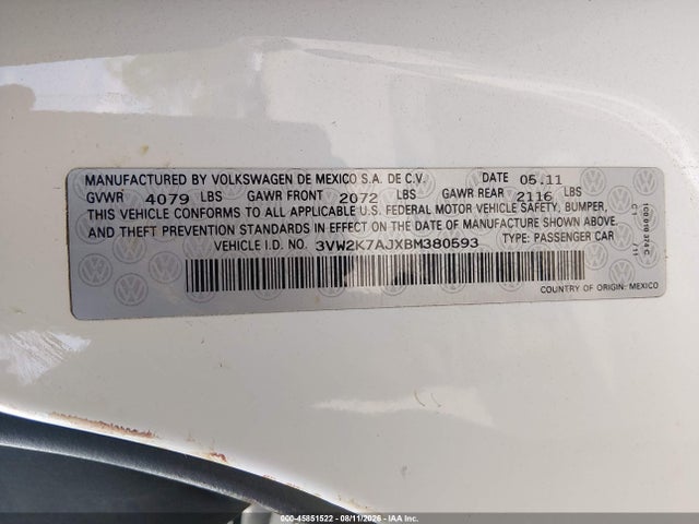 2011 Volkswagen Jetta 2.0l S მანქანა იყიდება აუქციონზე, vin: 3VW2K7AJXBM380593, აუქციონის ნომერი: 45851522
