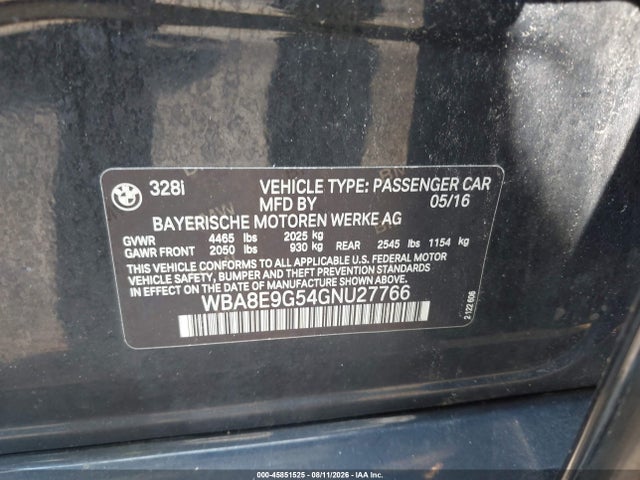 Продажа на аукционе авто 2016 Bmw 328i, vin: WBA8E9G54GNU27766, номер лота: 45851525