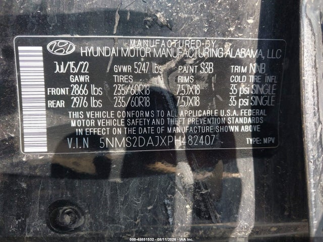 2023 Hyundai Santa Fe Sel მანქანა იყიდება აუქციონზე, vin: 5NMS2DAJXPH482407, აუქციონის ნომერი: 45851532