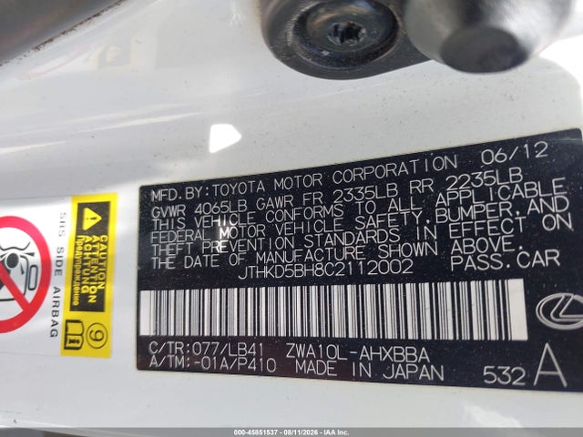 Продаж на аукціоні авто 2012 Lexus Ct 200h Premium, vin: JTHKD5BH8C2112002, номер лоту: 45851537