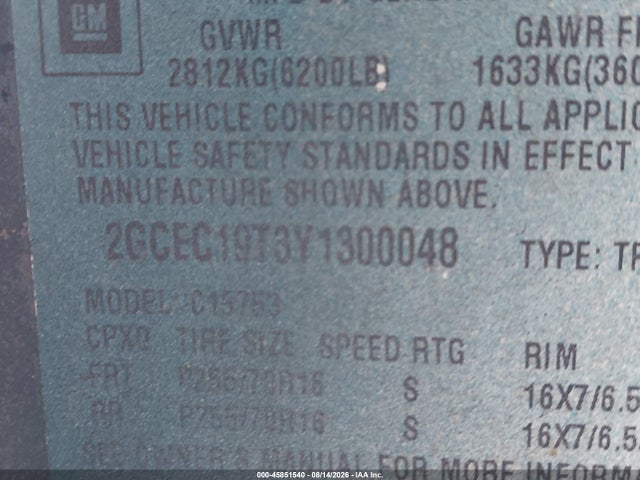 2000 Chevrolet Silverado 1500 Ls მანქანა იყიდება აუქციონზე, vin: 2GCEC19T3Y1300048, აუქციონის ნომერი: 45851540