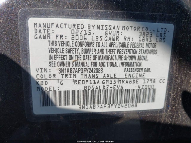 Продаж на аукціоні авто 2015 Nissan Sentra Sv, vin: 3N1AB7AP3FY242088, номер лоту: 45851568