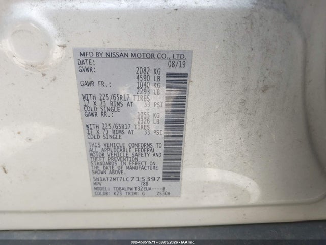 45851571 :رقم المزاد ، 5N1AT2MT7LC715397 vin ، 2020 Nissan Rogue S Fwd مزاد بيع