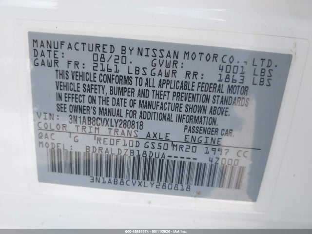2020 Nissan Sentra Sv Xtronic Cvt მანქანა იყიდება აუქციონზე, vin: 3N1AB8CVXLY280818, აუქციონის ნომერი: 45851574