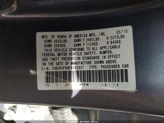 45851585 :رقم المزاد ، 1HGCR3F88FA022527 vin ، 2015 Honda Accord Ex-l V-6 مزاد بيع