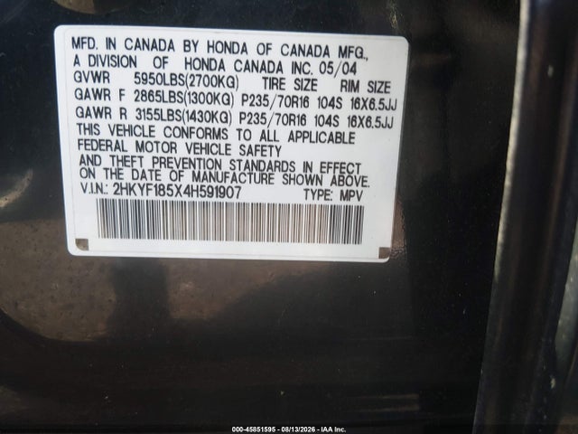 45851595 :رقم المزاد ، 2HKYF185X4H591907 vin ، 2004 Honda Pilot Ex-l مزاد بيع