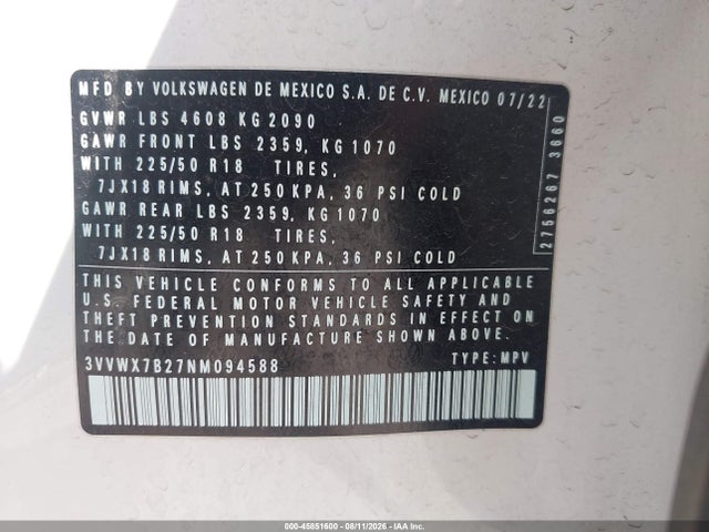 Aukcja sprzedaży 2022 Volkswagen Taos 1.5t Se, vin: 3VVWX7B27NM094588, numer aukcji: 45851600