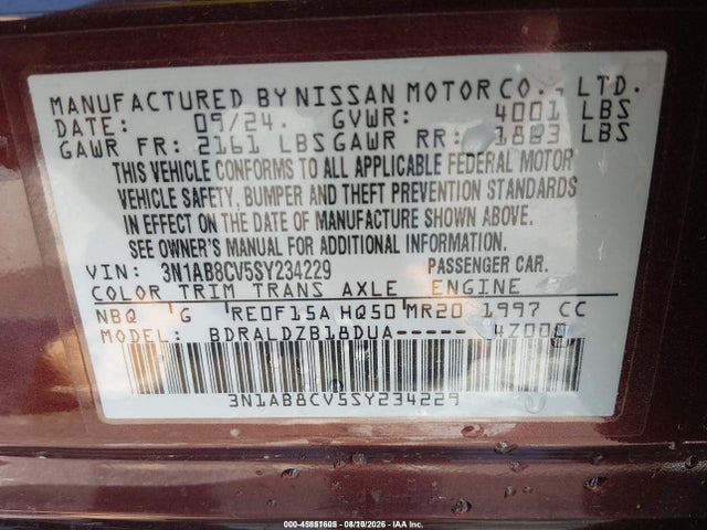 Продажа на аукционе авто 2025 Nissan Sentra Sv, vin: 3N1AB8CV5SY234229, номер лота: 45851605