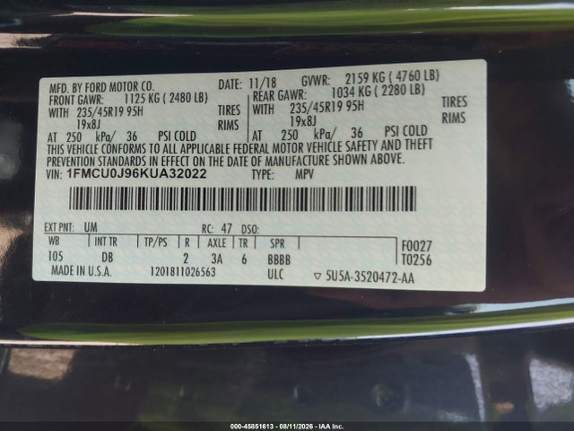 Aukcja sprzedaży 2019 Ford Escape Titanium, vin: 1FMCU0J96KUA32022, numer aukcji: 45851613