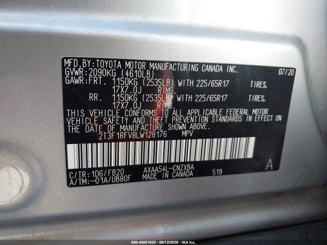 Aukcja sprzedaży 2020 Toyota Rav4 Le, vin: 2T3F1RFV8LW128176, numer aukcji: 45851620