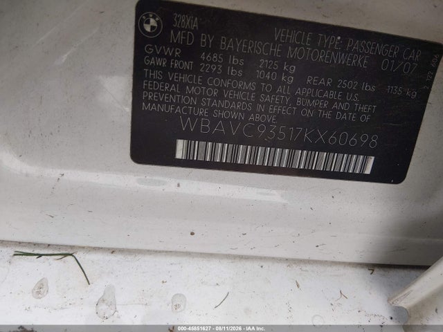 Продаж на аукціоні авто 2007 Bmw 328xi, vin: WBAVC93517KX60698, номер лоту: 45851627