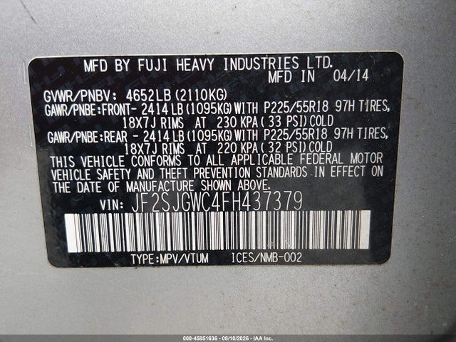 45851636 :رقم المزاد ، JF2SJGWC4FH437379 vin ، 2015 Subaru Forester 2.0xt Touring مزاد بيع