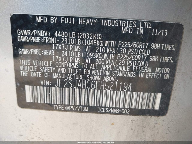 Продаж на аукціоні авто 2014 Subaru Forester 2.5i Limited, vin: JF2SJAHC6EH521194, номер лоту: 45851638
