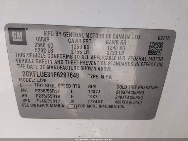 Продажа на аукционе авто 2015 Gmc Terrain Denali, vin: 2GKFLUE31F6297649, номер лота: 45851642