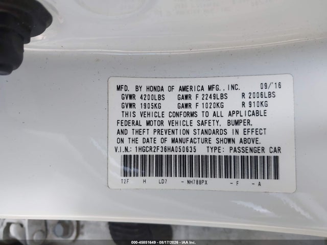 45851649 :رقم المزاد ، 1HGCR2F36HA050635 vin ، 2017 Honda Accord Lx مزاد بيع