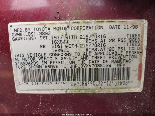 1997 Toyota Rav4 მანქანა იყიდება აუქციონზე, vin: JT3HP10VXV7035129, აუქციონის ნომერი: 45851656