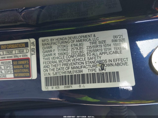 Aukcja sprzedaży 2021 Acura Rdx Technology Package, vin: 5J8TC1H51ML016384, numer aukcji: 45851657