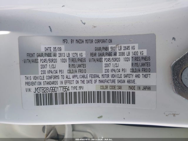 45851670 :رقم المزاد ، JM3TB28V990177654 vin ، 2009 Mazda Cx-9 Grand Touring مزاد بيع