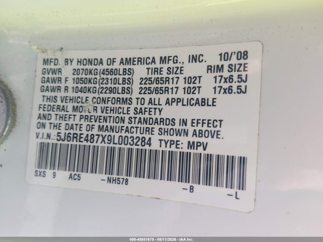 Продаж на аукціоні авто 2009 Honda Cr-v Ex-l, vin: 5J6RE487X9L003284, номер лоту: 45851675