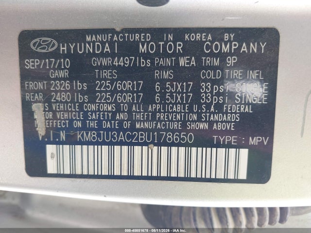2011 Hyundai Tucson Gls მანქანა იყიდება აუქციონზე, vin: KM8JU3AC2BU178650, აუქციონის ნომერი: 45851678