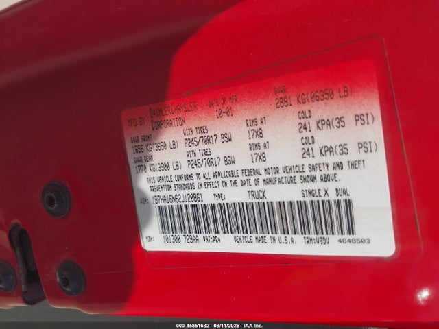 Продажа на аукционе авто 2002 Dodge Ram 1500 St, vin: 1B7HA16N62J120861, номер лота: 45851682