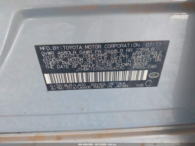 45851688 :رقم المزاد ، JTHBK1EG5B2464230 vin ، 2011 Lexus Es 350 مزاد بيع