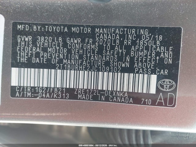 2T1BURHE2JC109102 Toyota COROLLA LE