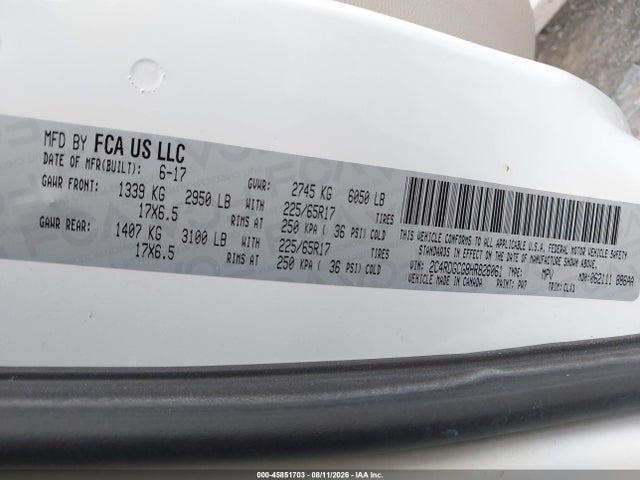 45851703 :رقم المزاد ، 2C4RDGCG8HR826061 vin ، 2017 Dodge Grand Caravan Sxt مزاد بيع