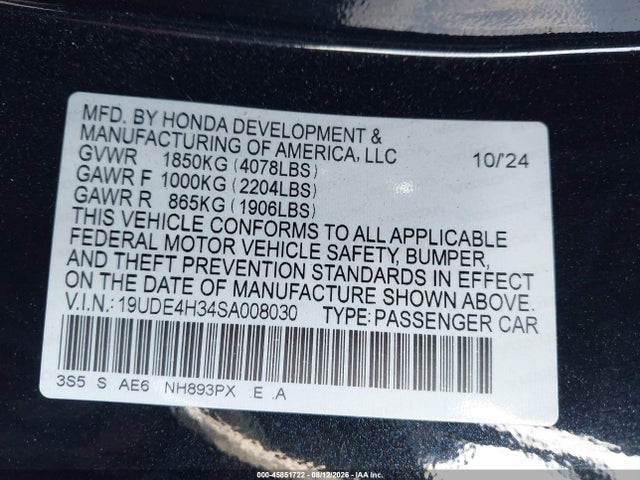 45851722 :رقم المزاد ، 19UDE4H34SA008030 vin ، 2025 Acura Integra A-spec مزاد بيع
