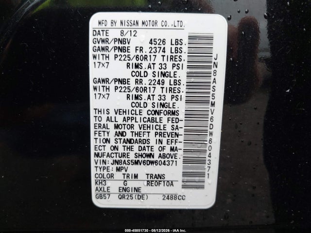 Продажа на аукционе авто 2013 Nissan Rogue Sv, vin: JN8AS5MV6DW604371, номер лота: 45851730