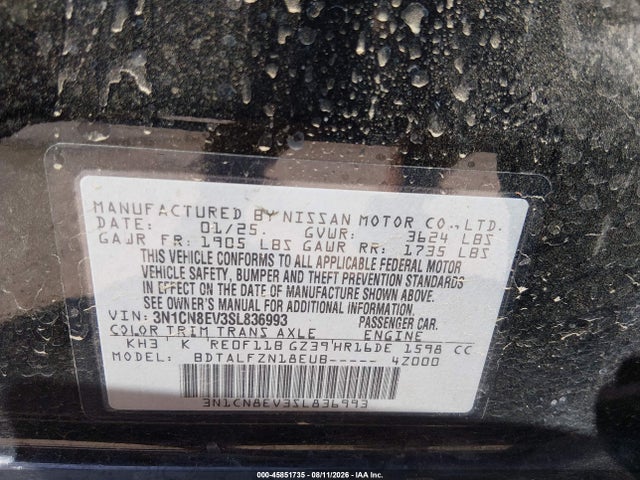 Aukcja sprzedaży 2025 Nissan Versa 1.6 Sv, vin: 3N1CN8EV3SL836993, numer aukcji: 45851735